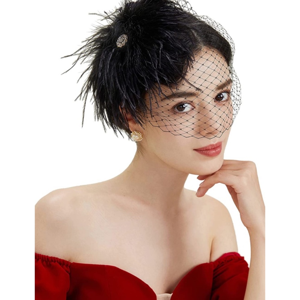 Fascinator Hat Veil Feather Hair Clip Tea- Black